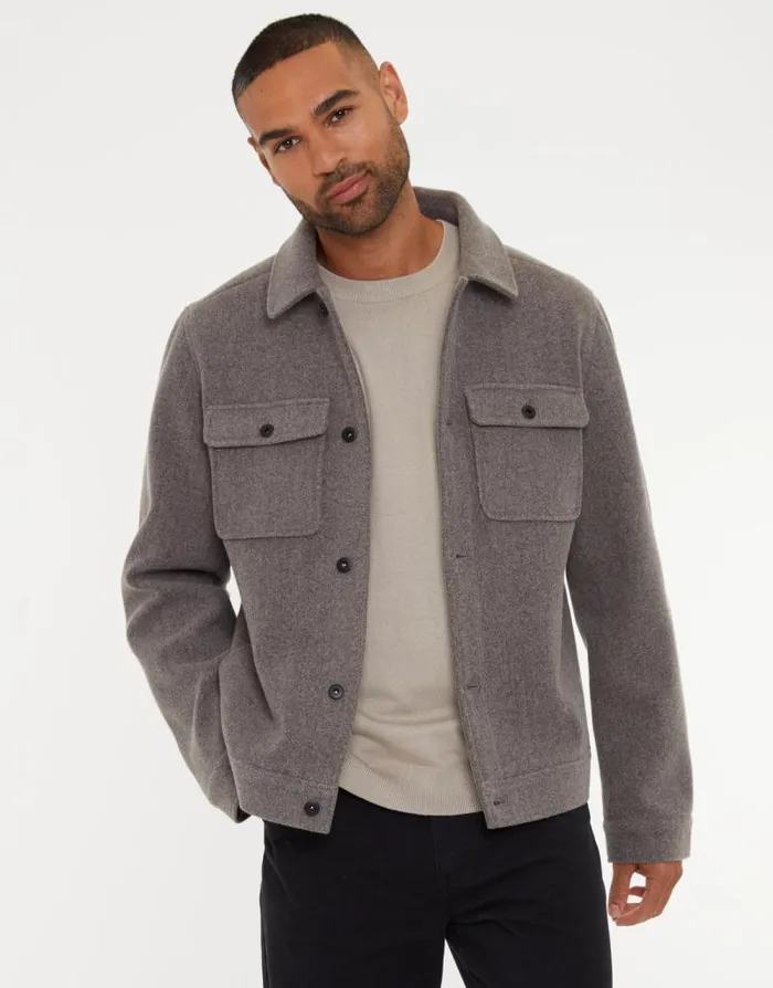 Men Taupe Marl Brushed Button Up Shacket Threadbare Jackets