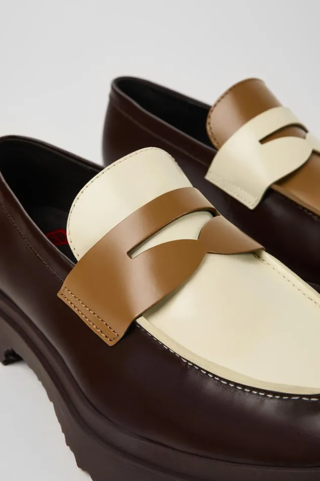 Men Twins Brown And White Leather Loafers Camper Formal Shoes