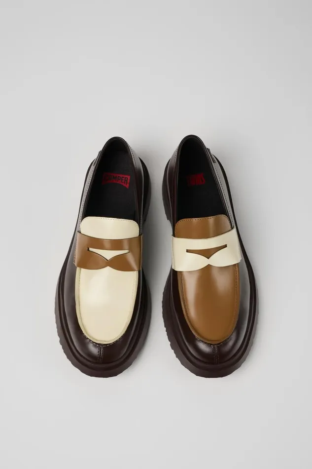 Men Twins Brown And White Leather Loafers Camper Formal Shoes Men Twins Brown And White Leather Loafers Camper Formal Shoes