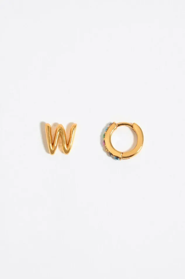 Multicolor Crystal Mini Hoop And Letter W Earrings Gold Women Bimba Y Lola Alphabet Multicolor Crystal Mini Hoop And Letter W Earrings Gold Women Bimba Y Lola Alphabet