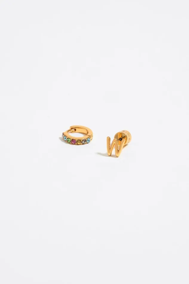 Multicolor Crystal Mini Hoop And Letter W Earrings Gold Women Bimba Y Lola Alphabet Multicolor Crystal Mini Hoop And Letter W Earrings Gold Women Bimba Y Lola Alphabet