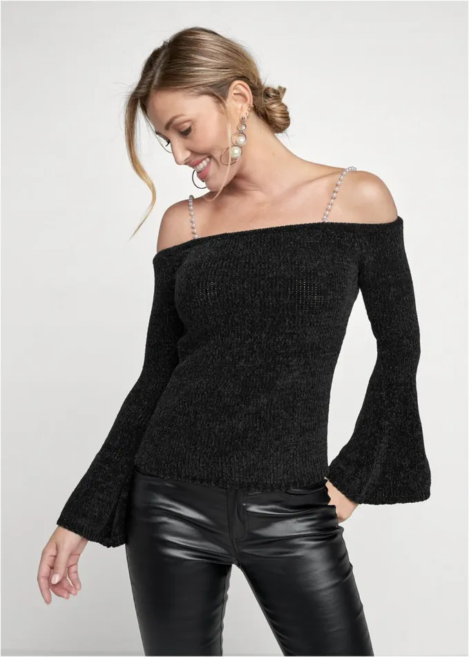 OFFSHOULDER PEARL STRAP CHENILLE SWEATER Black Women VENUS Sexy Sweaters