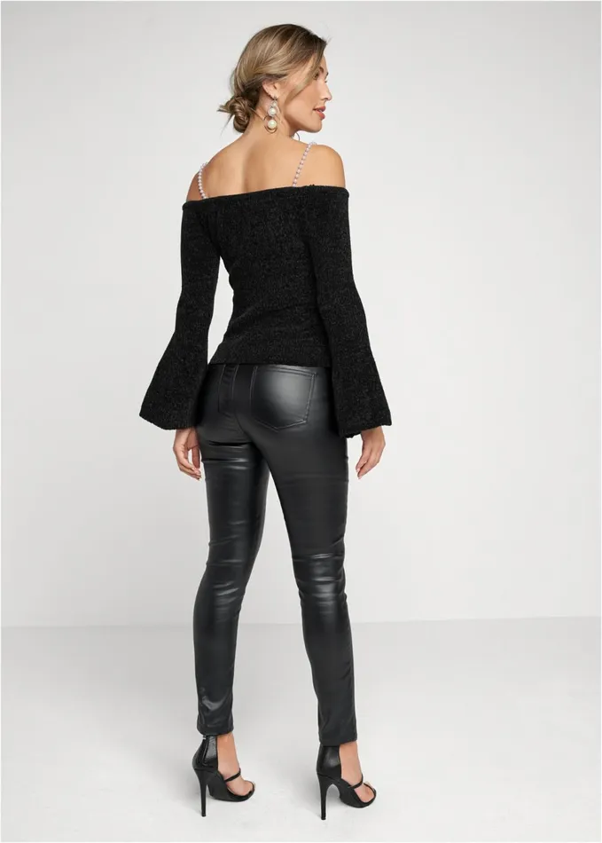 OFFSHOULDER PEARL STRAP CHENILLE SWEATER Black Women VENUS Sexy Sweaters