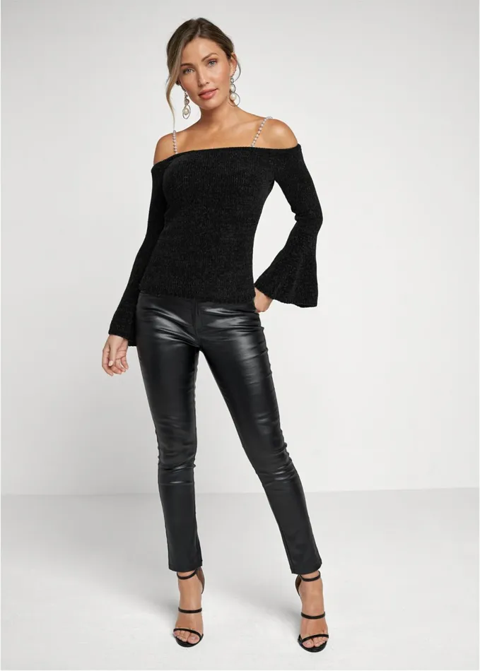 OFFSHOULDER PEARL STRAP CHENILLE SWEATER Black Women VENUS Sexy Sweaters