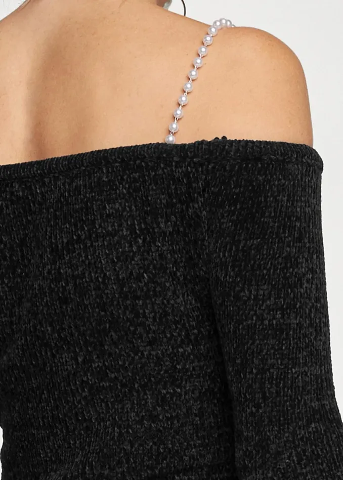 OFFSHOULDER PEARL STRAP CHENILLE SWEATER Black Women VENUS Sexy Sweaters