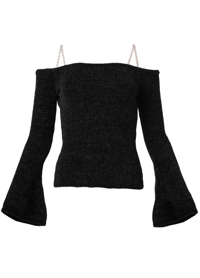 OFFSHOULDER PEARL STRAP CHENILLE SWEATER Black Women VENUS Sexy Sweaters