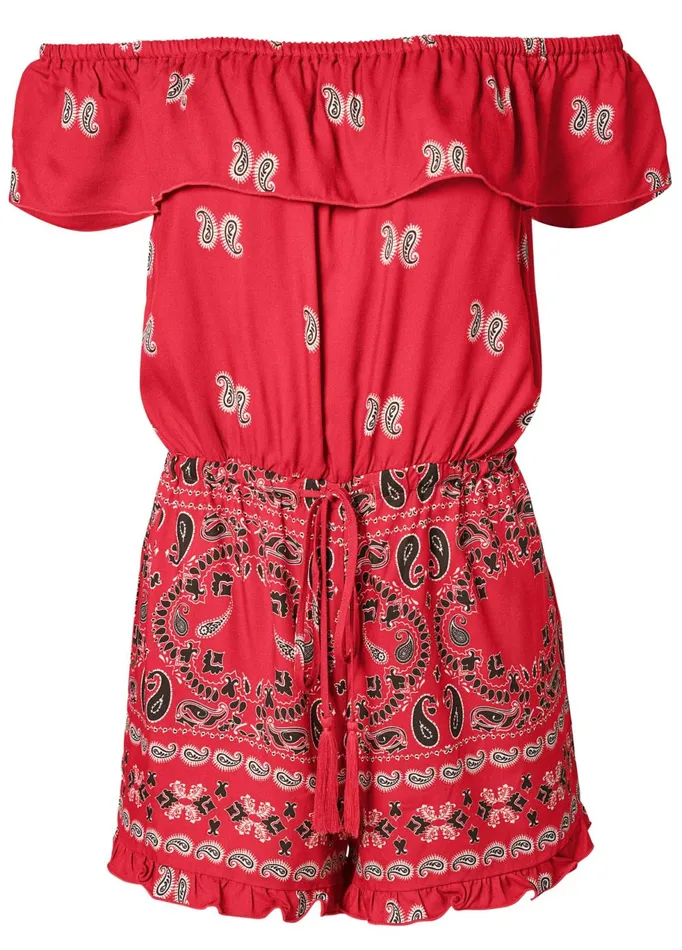 OffTheShoulder Bandana Print Romper Red Multi Women VENUS Casual Jumpsuits and Rompers