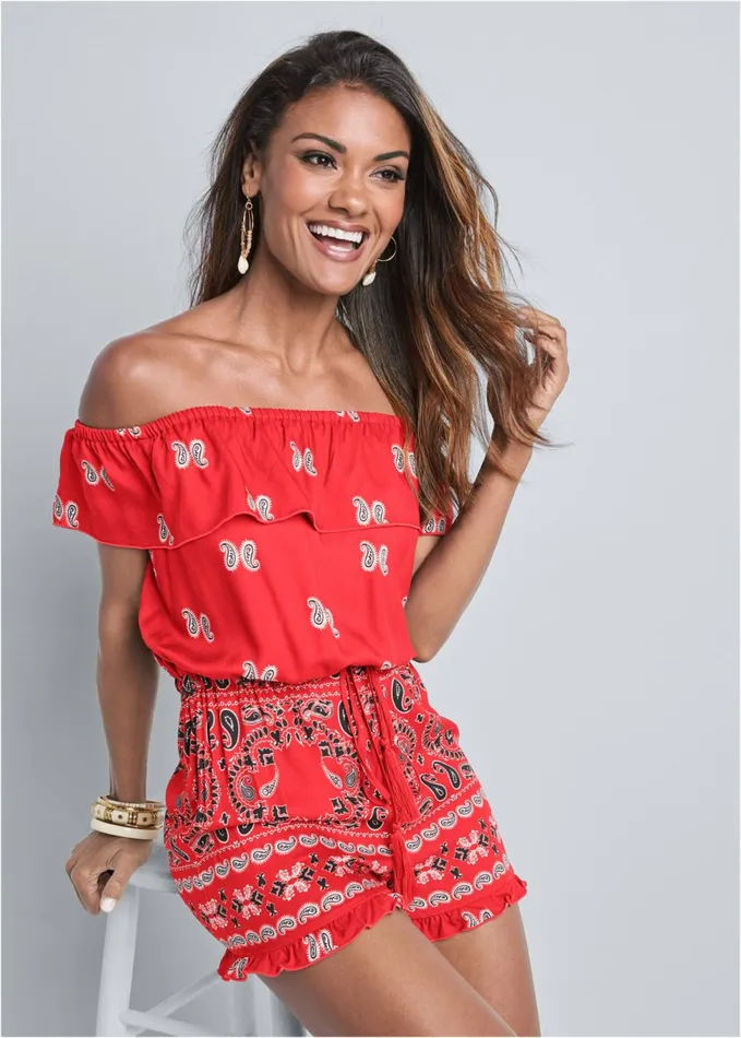 OffTheShoulder Bandana Print Romper Red Multi Women VENUS Casual Jumpsuits and Rompers