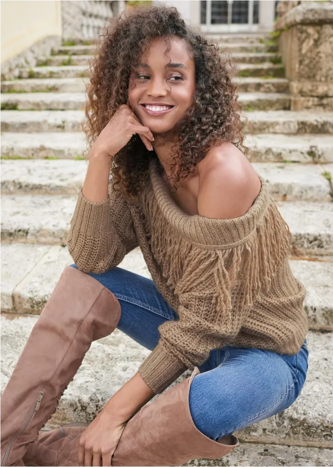 OfftheShoulder Fringe Sweater Tan Women VENUS Sexy Sweaters