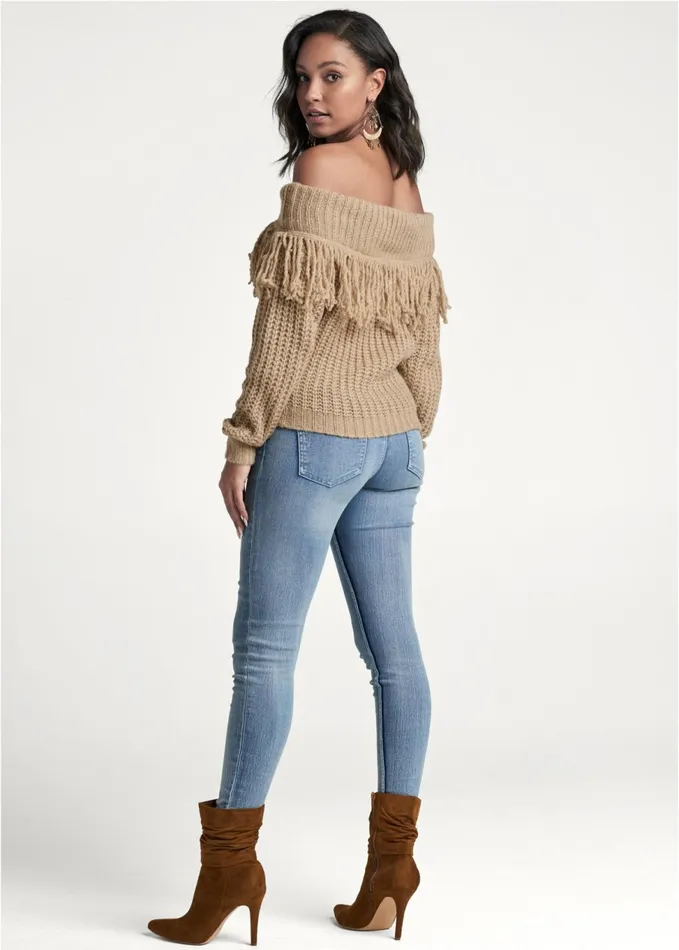 OfftheShoulder Fringe Sweater Tan Women VENUS Sexy Sweaters