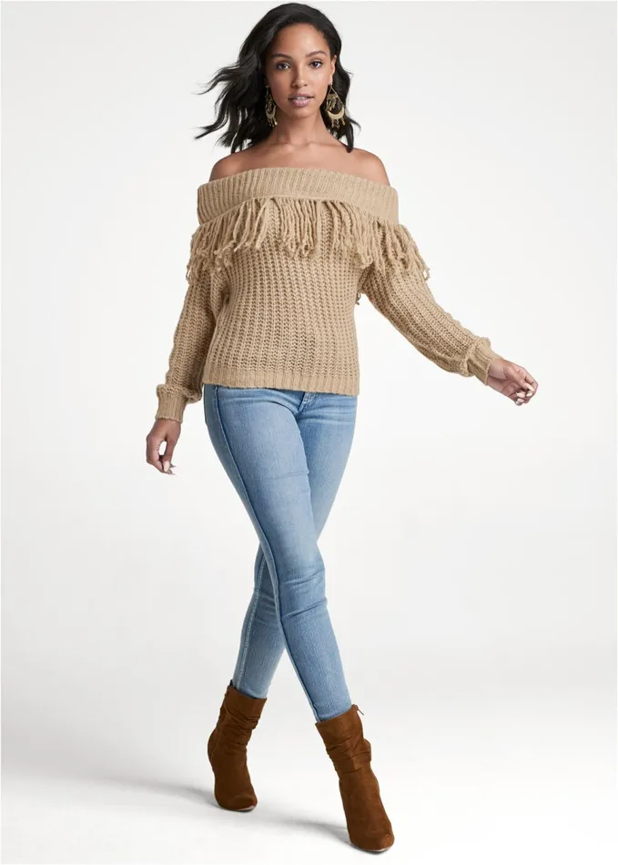 OfftheShoulder Fringe Sweater Tan Women VENUS Sexy Sweaters