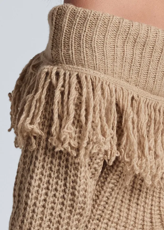 OfftheShoulder Fringe Sweater Tan Women VENUS Sexy Sweaters