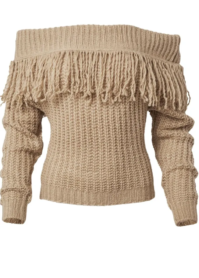 OfftheShoulder Fringe Sweater Tan Women VENUS Sexy Sweaters