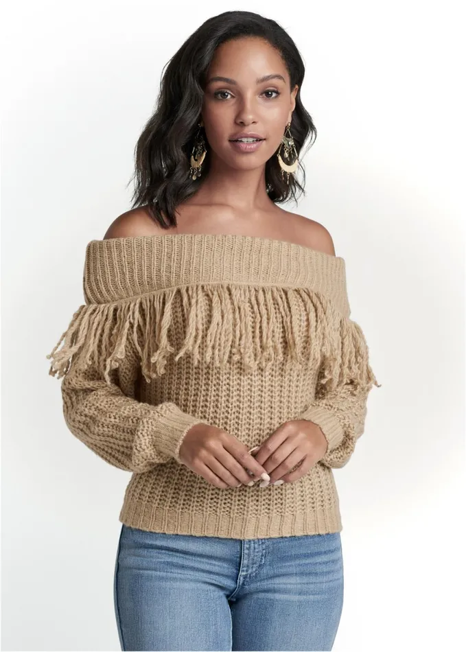 OfftheShoulder Fringe Sweater Tan Women VENUS Sexy Sweaters