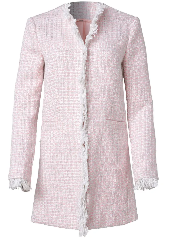 OPEN FRONT TWEED FRINGE JACKET Pink and White Women VENUS Coats