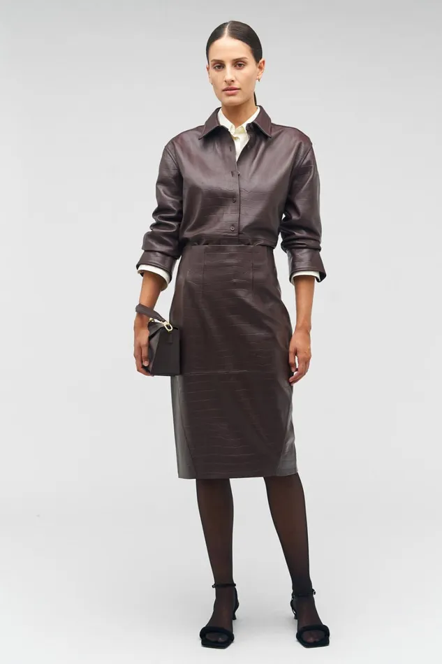 Oroton Embossed Croc Long Sleeve Overshirt Burgundy Women Shirts