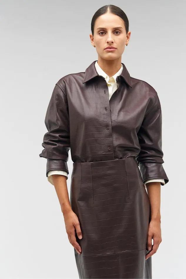Oroton Embossed Croc Long Sleeve Overshirt Burgundy Women Shirts Oroton Embossed Croc Long Sleeve Overshirt Burgundy Women Shirts