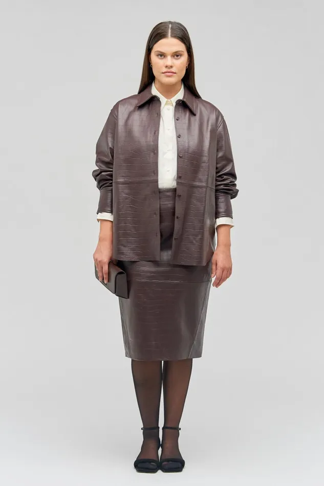 Oroton Embossed Croc Long Sleeve Overshirt Burgundy Women Shirts Oroton Embossed Croc Long Sleeve Overshirt Burgundy Women Shirts