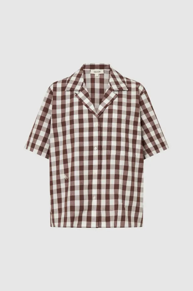 Oroton Gingham Camp Shirt Chocolate Women Tops