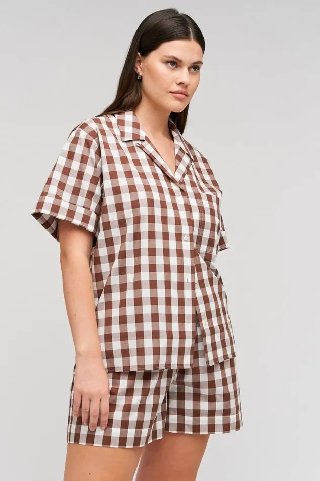 Oroton Gingham Camp Shirt Chocolate Women Tops Oroton Gingham Camp Shirt Chocolate Women Tops