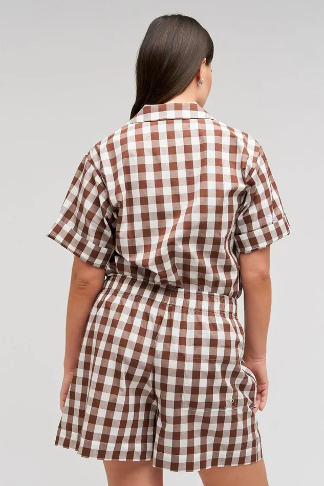 Oroton Gingham Camp Shirt Chocolate Women Tops Oroton Gingham Camp Shirt Chocolate Women Tops