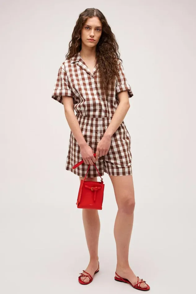 Oroton Gingham Camp Shirt Chocolate Women Tops Oroton Gingham Camp Shirt Chocolate Women Tops