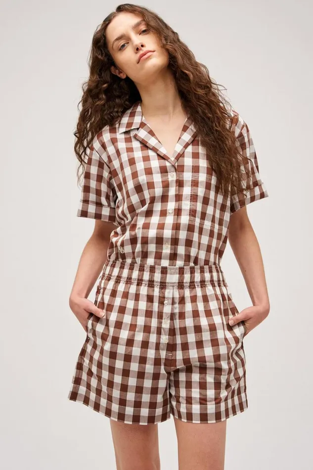 Oroton Gingham Camp Shirt Chocolate Women Tops Oroton Gingham Camp Shirt Chocolate Women Tops