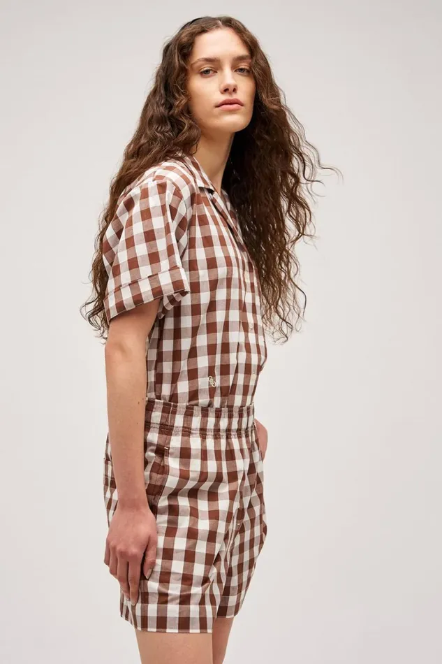 Oroton Gingham Camp Shirt Chocolate Women Tops Oroton Gingham Camp Shirt Chocolate Women Tops