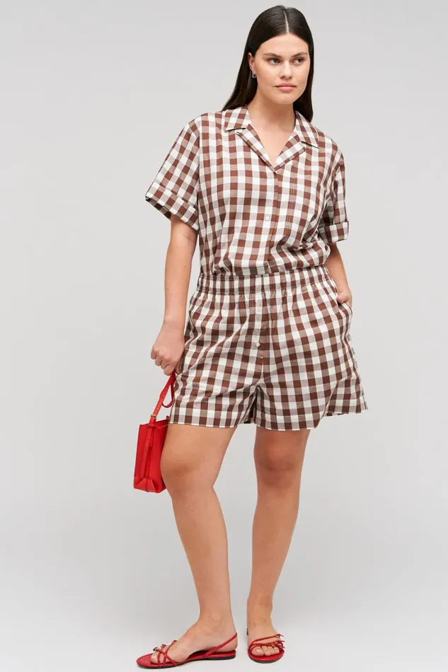 Oroton Gingham Camp Shirt Chocolate Women Tops Oroton Gingham Camp Shirt Chocolate Women Tops