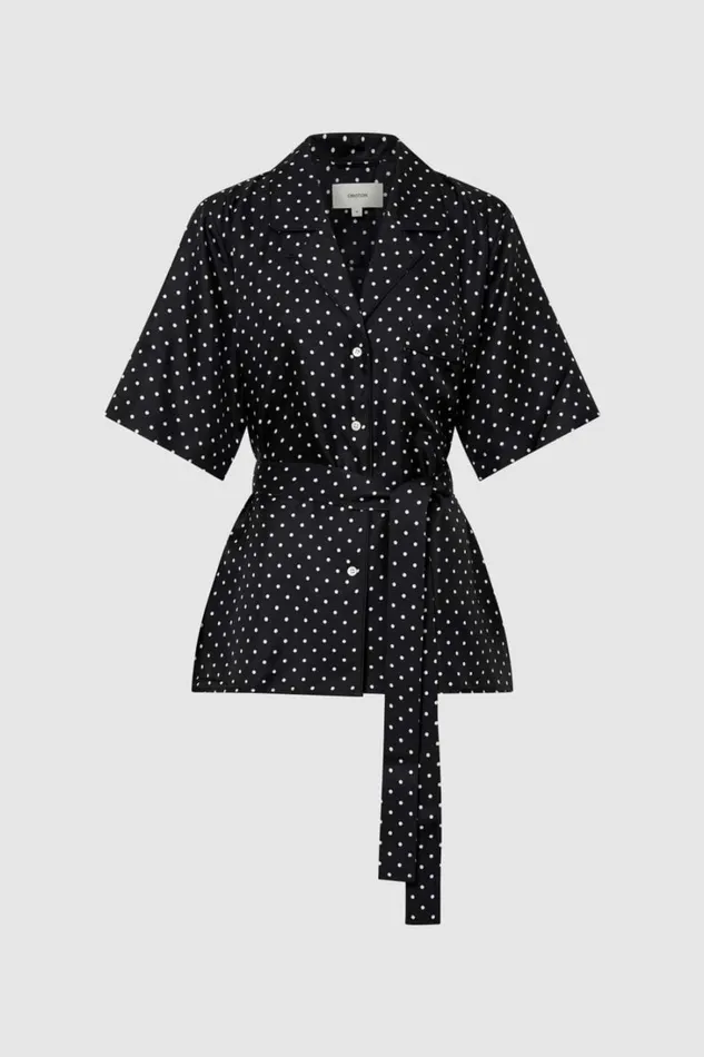 Oroton Long Belted Camp Shirt Black Cream Women Tops