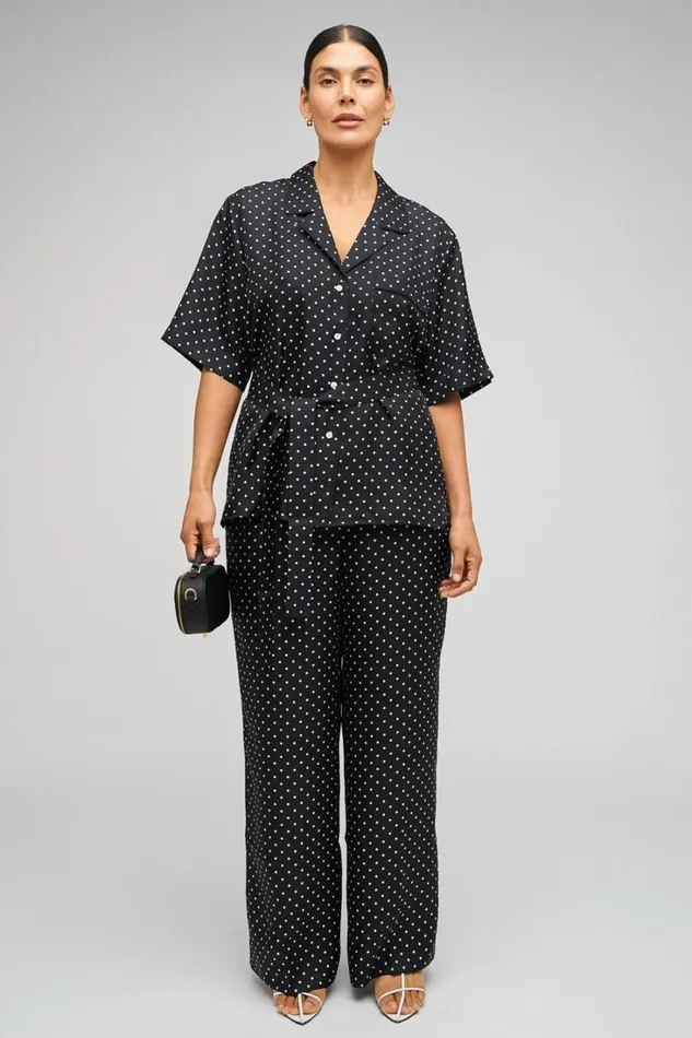 Oroton Long Belted Camp Shirt Black Cream Women Tops