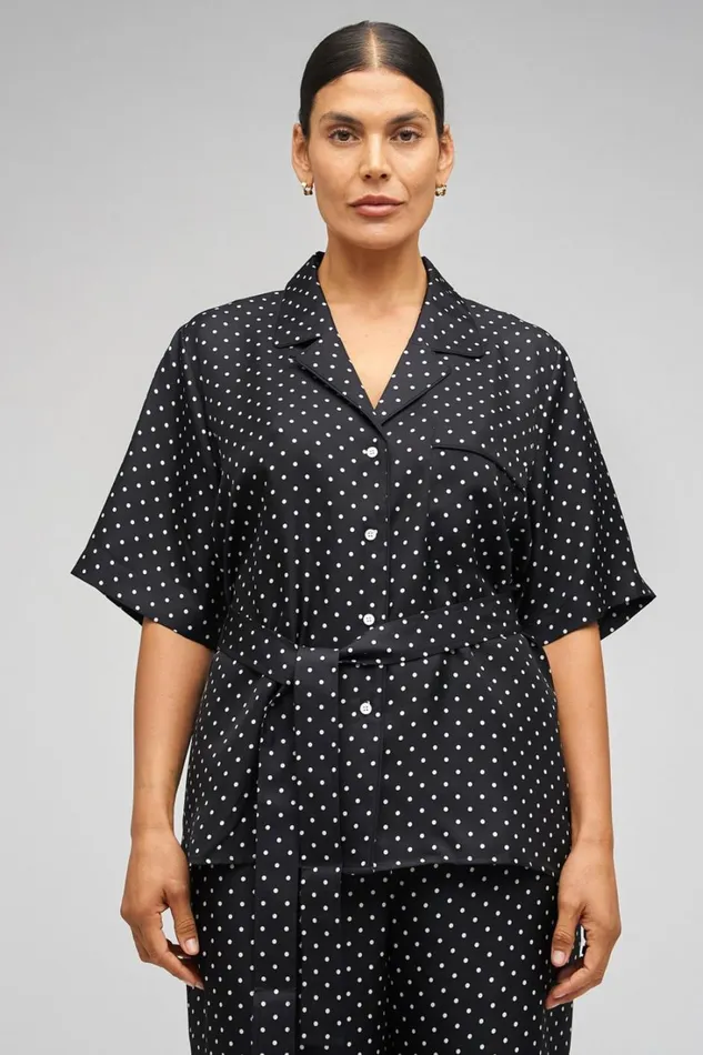 Oroton Long Belted Camp Shirt Black Cream Women Tops