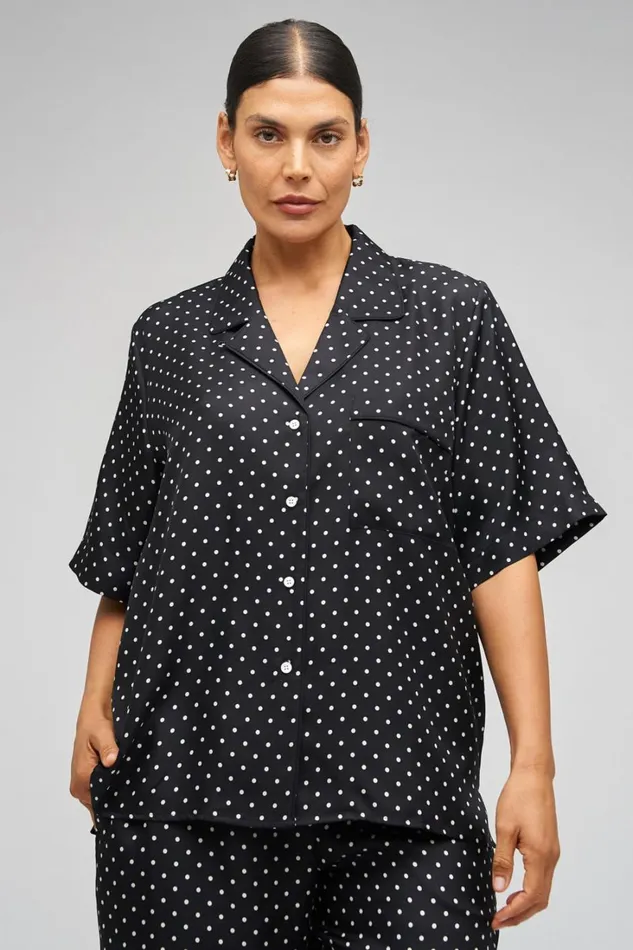 Oroton Long Belted Camp Shirt Black Cream Women Tops