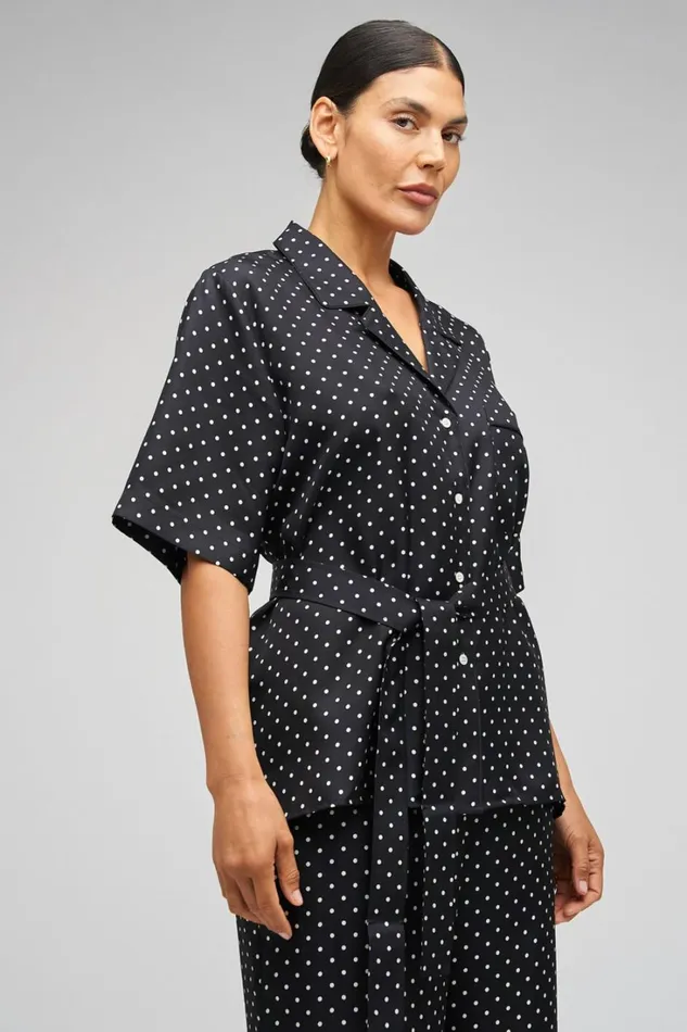 Oroton Long Belted Camp Shirt Black Cream Women Tops