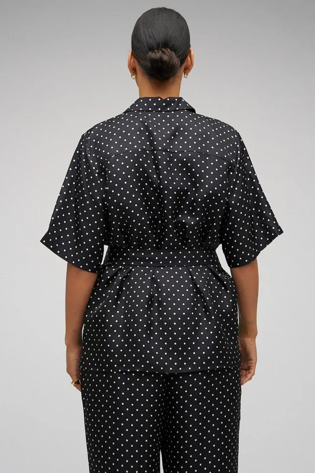 Oroton Long Belted Camp Shirt Black Cream Women Tops