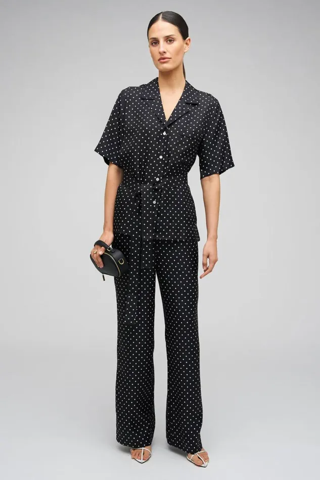Oroton Long Belted Camp Shirt Black Cream Women Tops