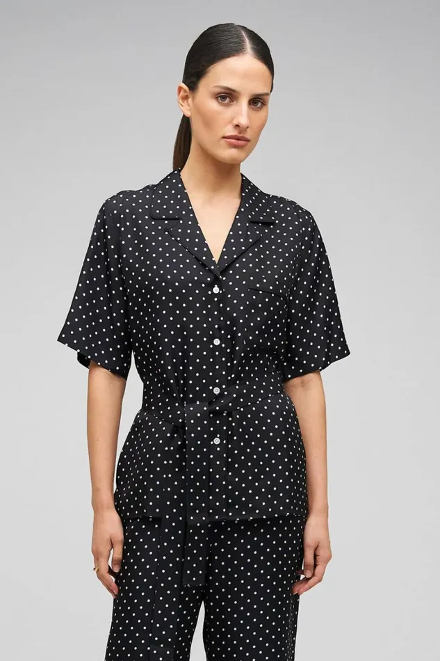 Oroton Long Belted Camp Shirt Black Cream Women Tops
