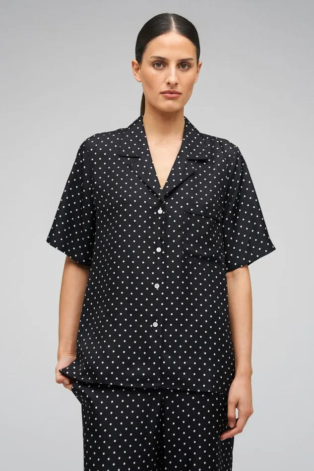 Oroton Long Belted Camp Shirt Black Cream Women Tops