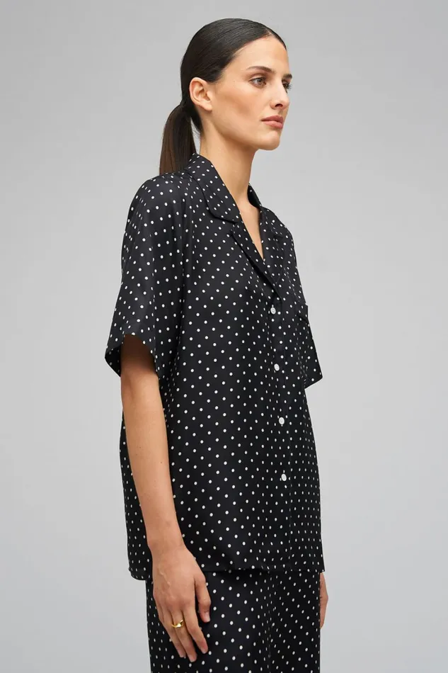 Oroton Long Belted Camp Shirt Black Cream Women Tops