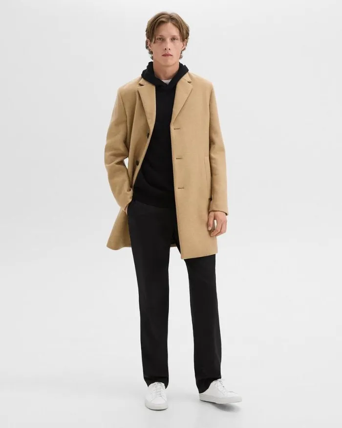 Outerwear Men Theory 3Button Topcoat In Recycled WoolBlend Melton New Camel