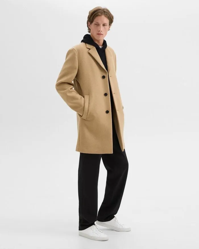 Outerwear Men Theory 3Button Topcoat In Recycled WoolBlend Melton New Camel