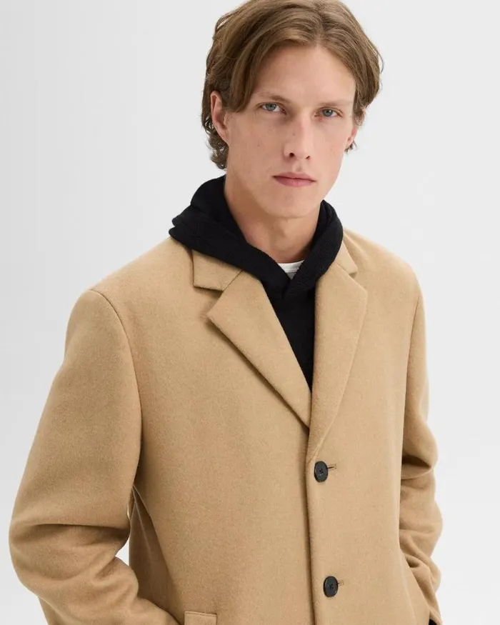 Outerwear Men Theory 3Button Topcoat In Recycled WoolBlend Melton New Camel