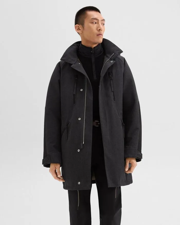 Outerwear Men Theory Hooded Parka In WoolBlend Twill Charcoal