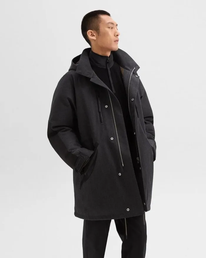 Outerwear Men Theory Hooded Parka In WoolBlend Twill Charcoal
