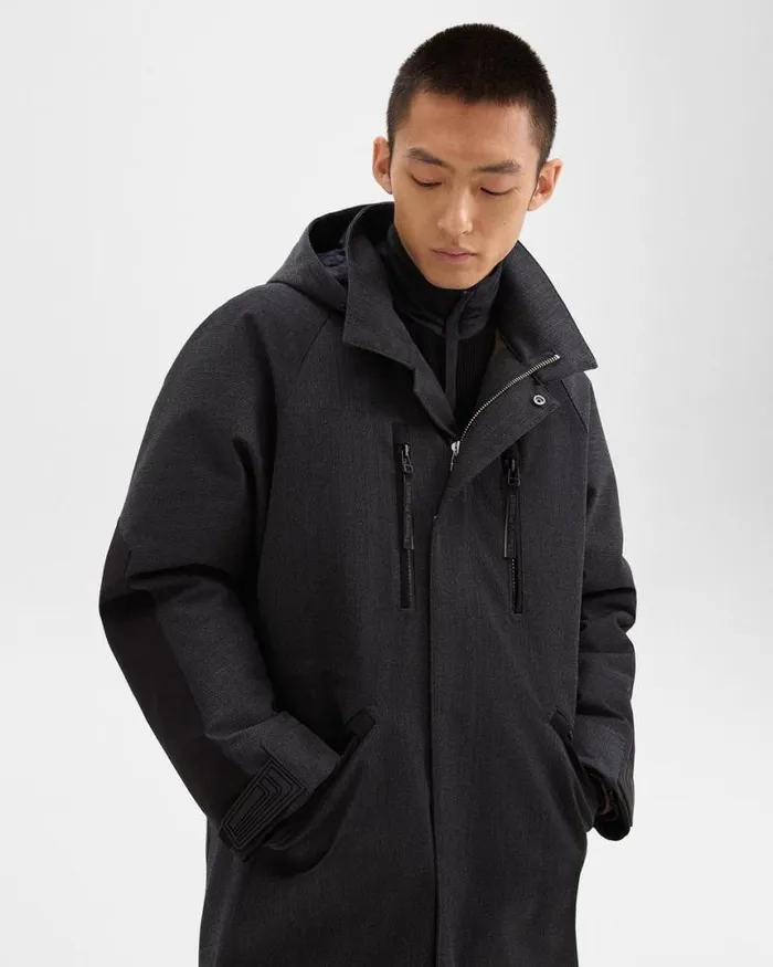 Outerwear Men Theory Hooded Parka In WoolBlend Twill Charcoal