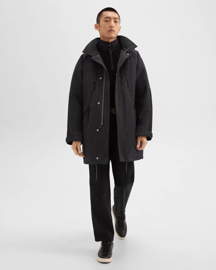 Outerwear Men Theory Hooded Parka In WoolBlend Twill Charcoal