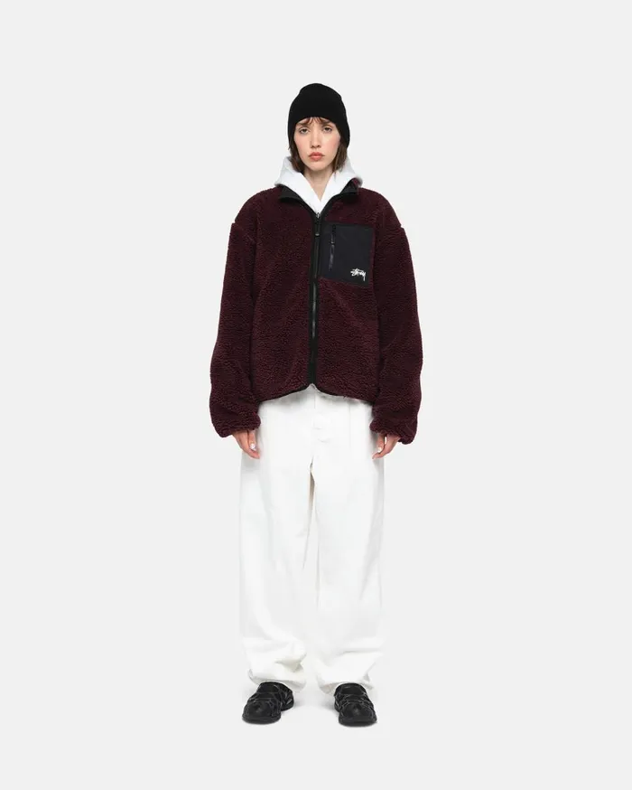 Outerwear MenWomen Stussy SHERPA REVERSIBLE JACKET Burgundy Outerwear MenWomen Stussy SHERPA REVERSIBLE JACKET Burgundy