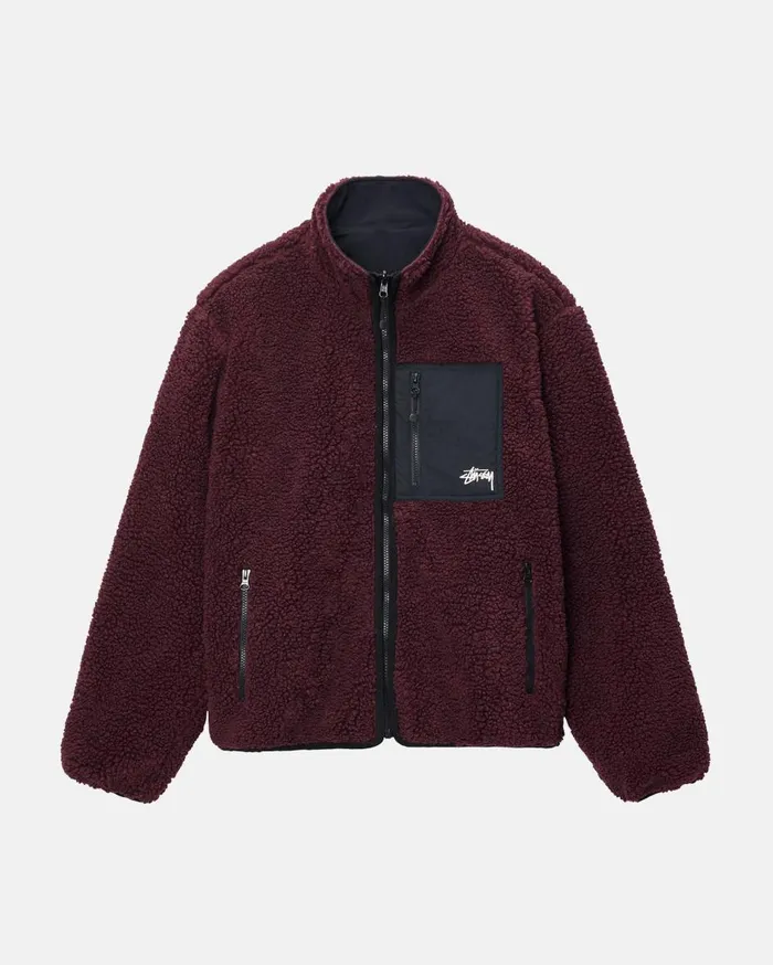Outerwear MenWomen Stussy SHERPA REVERSIBLE JACKET Burgundy Outerwear MenWomen Stussy SHERPA REVERSIBLE JACKET Burgundy