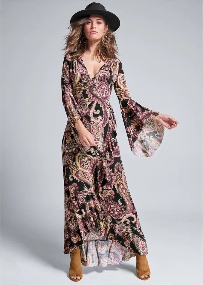 PAISELY PRINTED WRAP DRESS Black Multi Women VENUS Sundresses