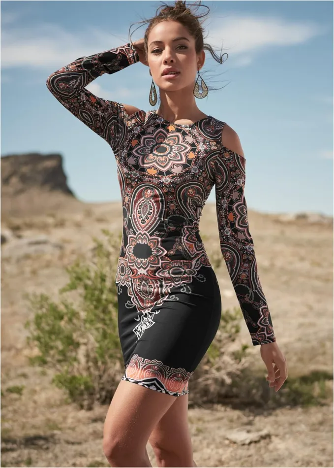 Paisley Coldshoulder Dress Black Multi Women VENUS Midi Dresses